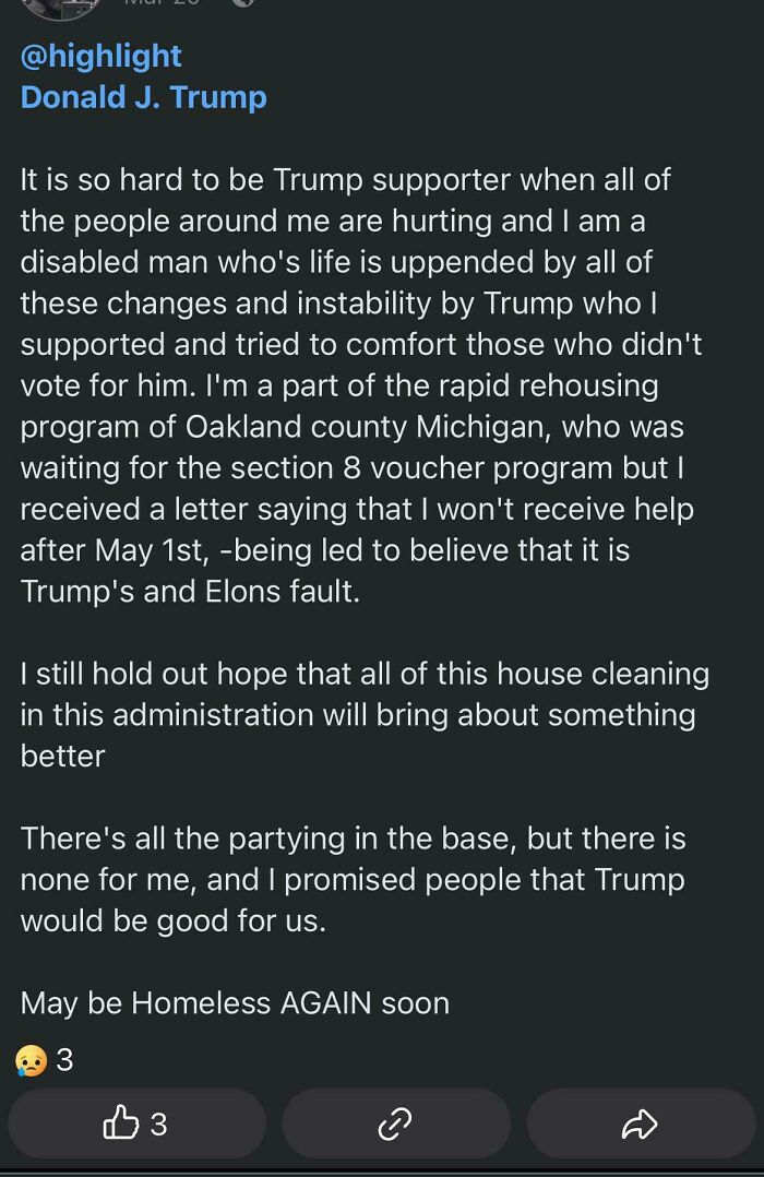 Screenshot of a social media post describing hardships faced by a Trump supporter, reflecting consequences of support.