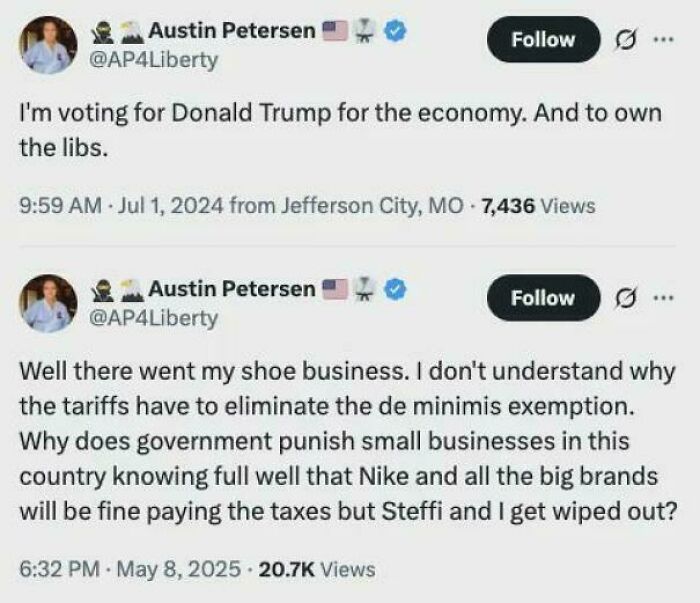 Tweet screenshots showing a supporter facing consequences after backing the wrong side, highlighting small business impact.