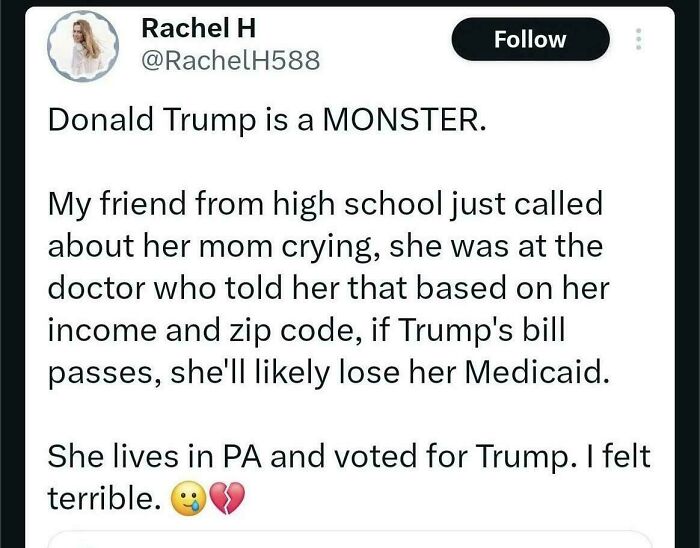 Tweet showing regret from someone whose friend supported the wrong side and faced consequences involving healthcare loss.
