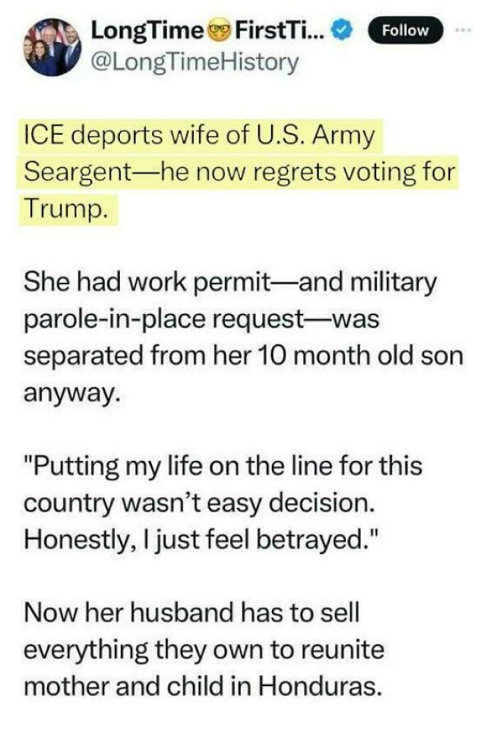 Tweet showing a U.S. Army sergeant regrets support, ICE deports wife, highlighting consequences of backing the wrong side.