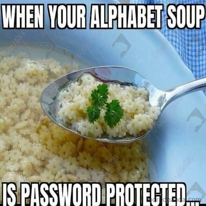 Meme featuring a spoonful of alphabet soup with parsley and a funny password protection caption for hilarious memes.