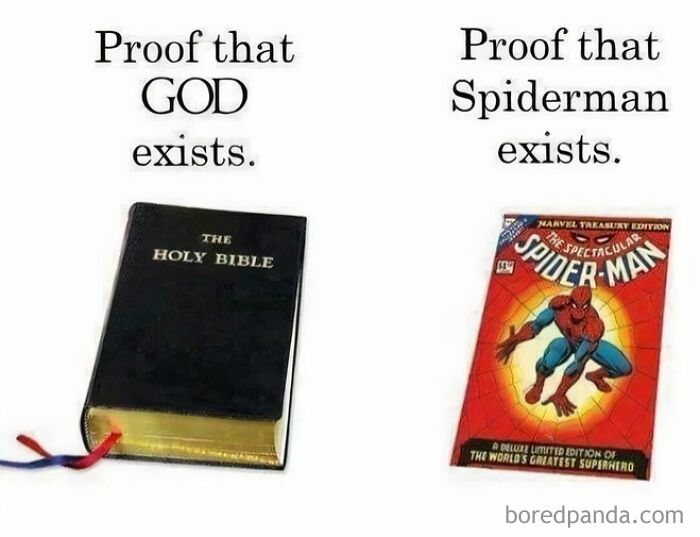 Side-by-side images comparing the Holy Bible and a Spider-Man comic as humorous proof memes.