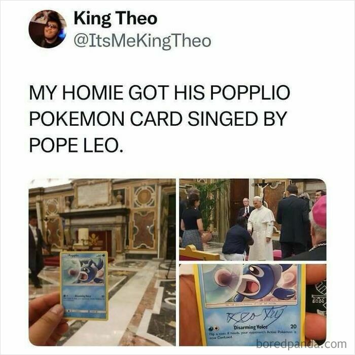 Meme showing a signed Popplio Pokémon card by Pope Leo, part of hilarious memes collection.