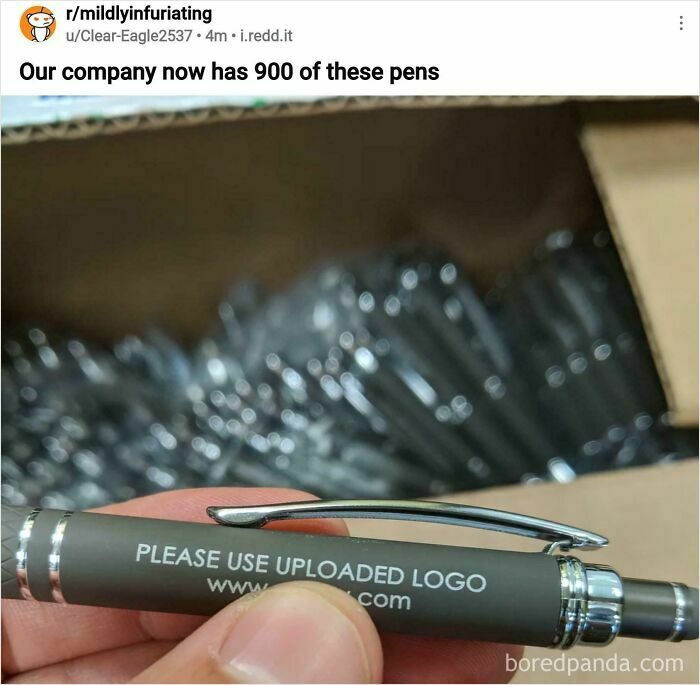 Box of pens with a misprinted message saying please use uploaded logo, a funny fail in understanding instructions.