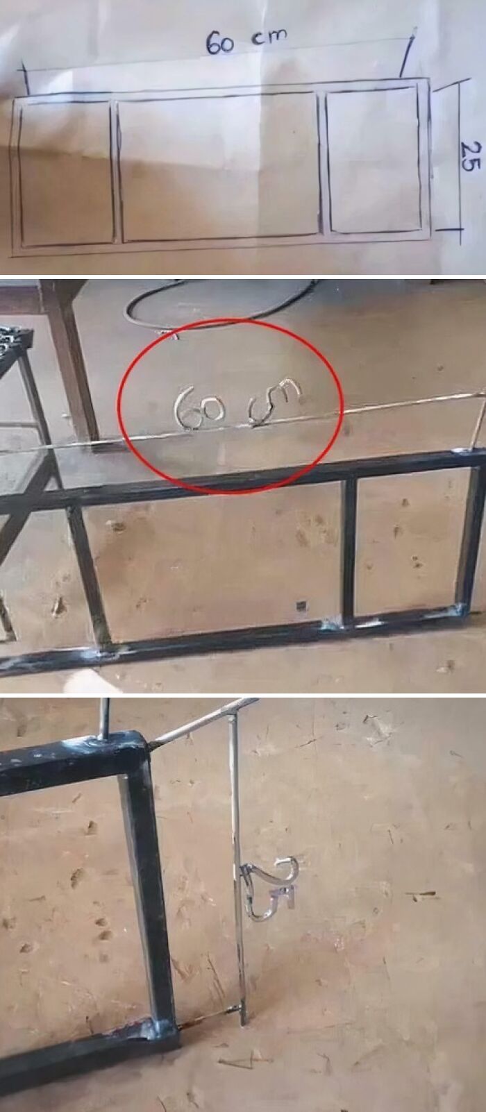 Sketch and metal frame showing 60 cm by 25 cm dimensions with humorous misprint in construction measurements.