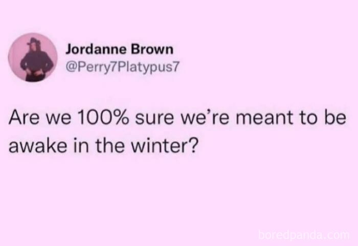 Tweet about questioning if people are meant to be awake in winter, reflecting modern adulthood and everyday life struggles.
