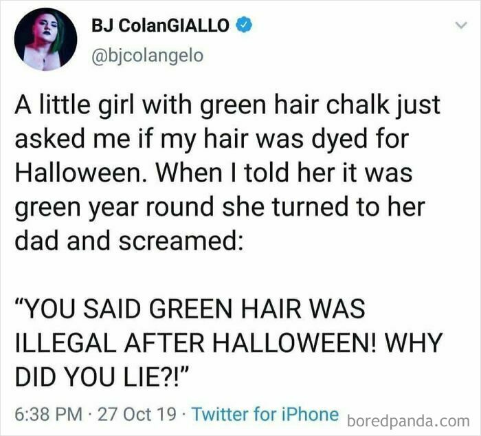 Screenshot of a humorous tweet illustrating struggles of modern adulthood and everyday life with green hair and Halloween confusion.
