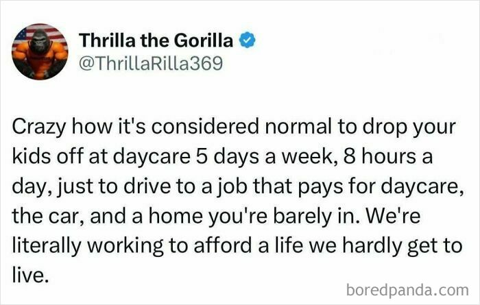 Tweet by Thrilla the Gorilla reflecting on the struggles of modern adulthood and the challenges of everyday life.