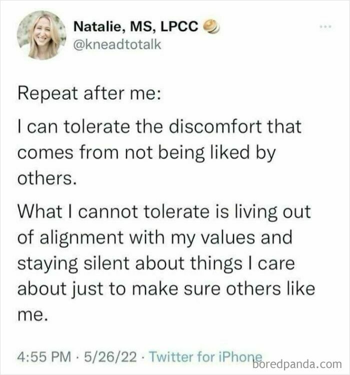 Text post by Natalie MS LPCC about tolerating discomfort from not being liked and staying true to values in modern adulthood struggles.
