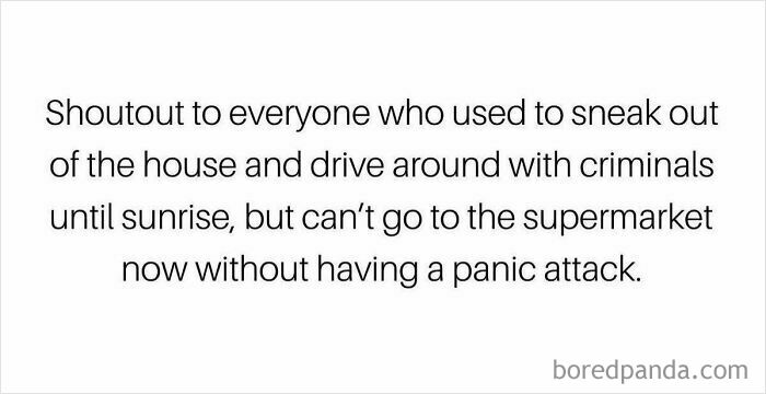 Text meme about modern adulthood struggles, highlighting anxiety in everyday life despite past fearless behavior.