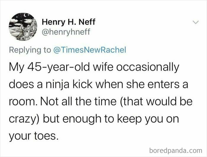 Twitter meme about a 45-year-old wife doing a ninja kick, capturing modern adulthood humor and everyday life struggles.