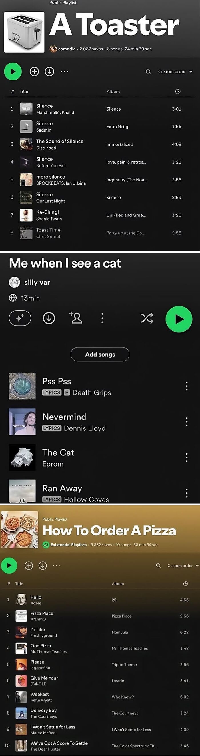 Screenshots of funny Spotify playlists with weirdly hilarious images and titles to improve your feed and mood.