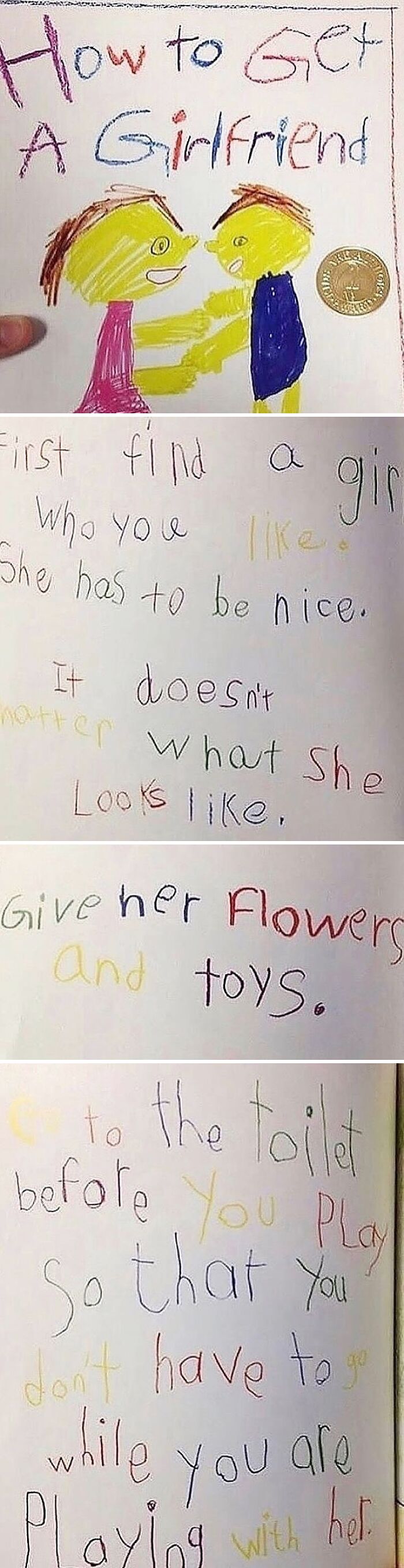 Child's colorful handwritten guide on how to get a girlfriend, featuring funny and weirdly hilarious images for a mood boost.
