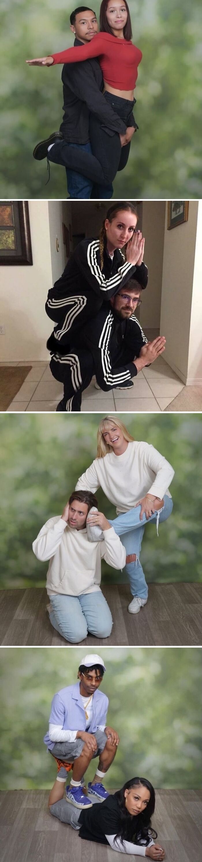 Four weirdly hilarious images showing couples and friends in funny, unusual poses that improve your mood and feed.