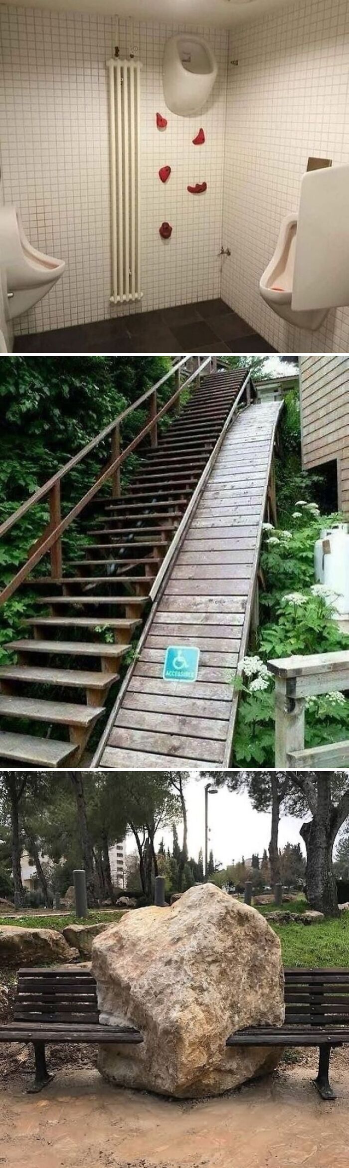 Unusual and weirdly hilarious images including a climbing wall with urinal, inaccessible ramp, and bench blocked by a large rock.