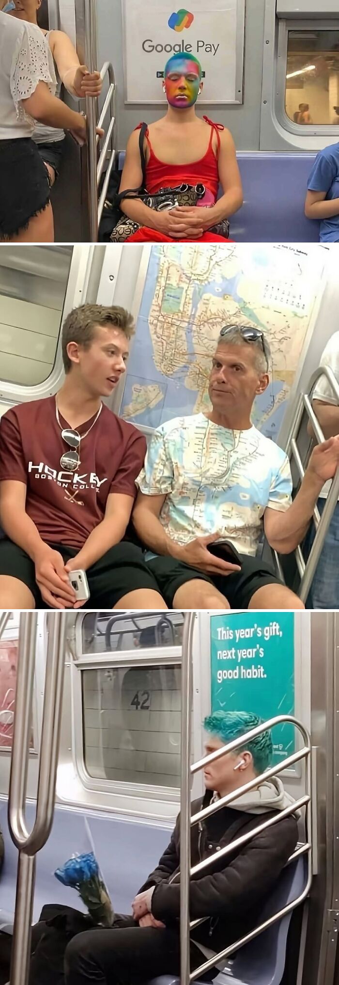 Three weirdly hilarious images showing colorful subway passengers with unique styles and moods during their commute.