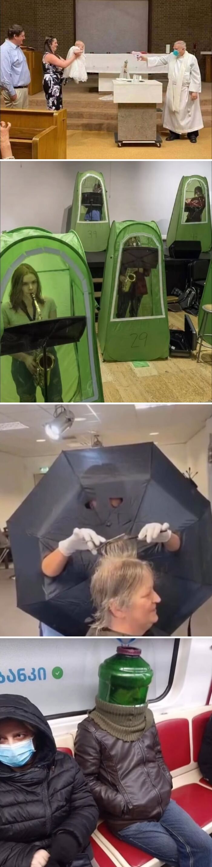Collage of weirdly hilarious images including masked baptism, musicians in green tents, umbrella haircut and a person with a jar helmet.