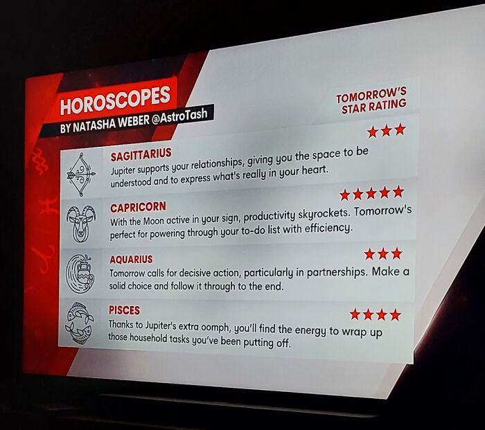 Horoscope forecast image showing star ratings and daily advice for Sagittarius, Capricorn, Aquarius, and Pisces signs.