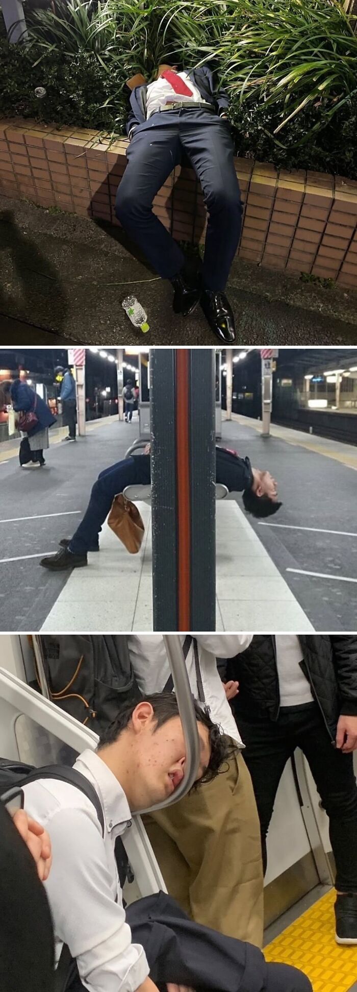 Three weirdly hilarious images showing people asleep in unusual positions in public places like streets and trains.