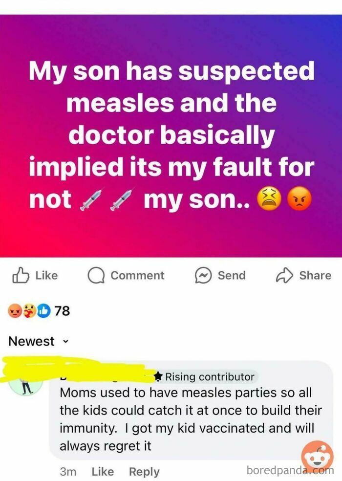 Social media post discussing consequences of supporting the wrong side on vaccination and measles concerns.