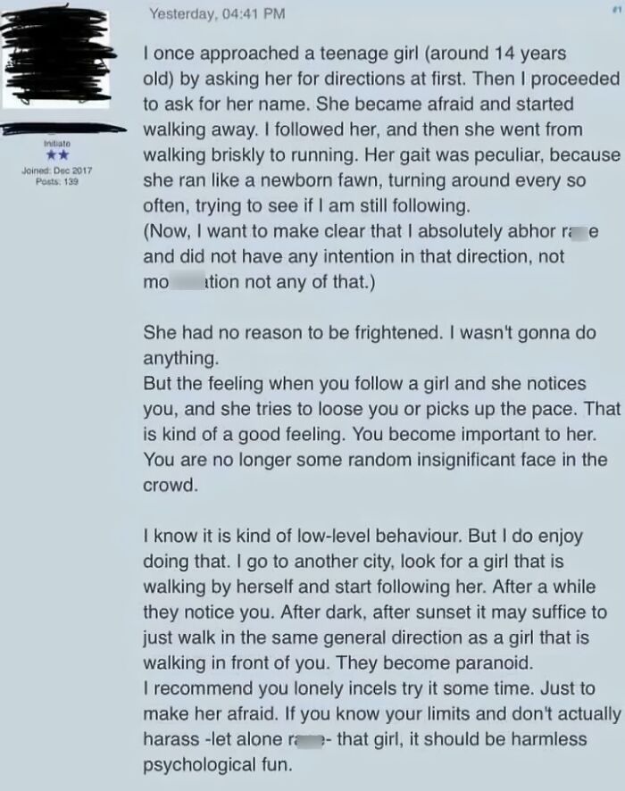 Screenshot of a disturbing confession illustrating extreme men's entitlement and inappropriate behavior toward women.