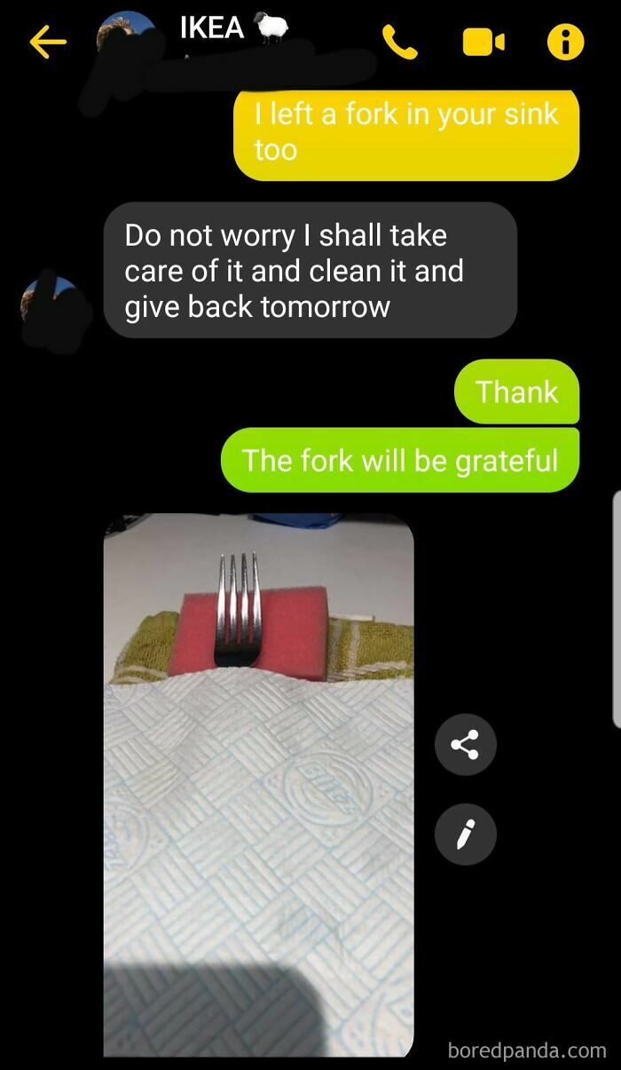 Funny text message exchange about leaving a fork with a photo showing the fork wrapped and ready, highlighting humorous moments online.