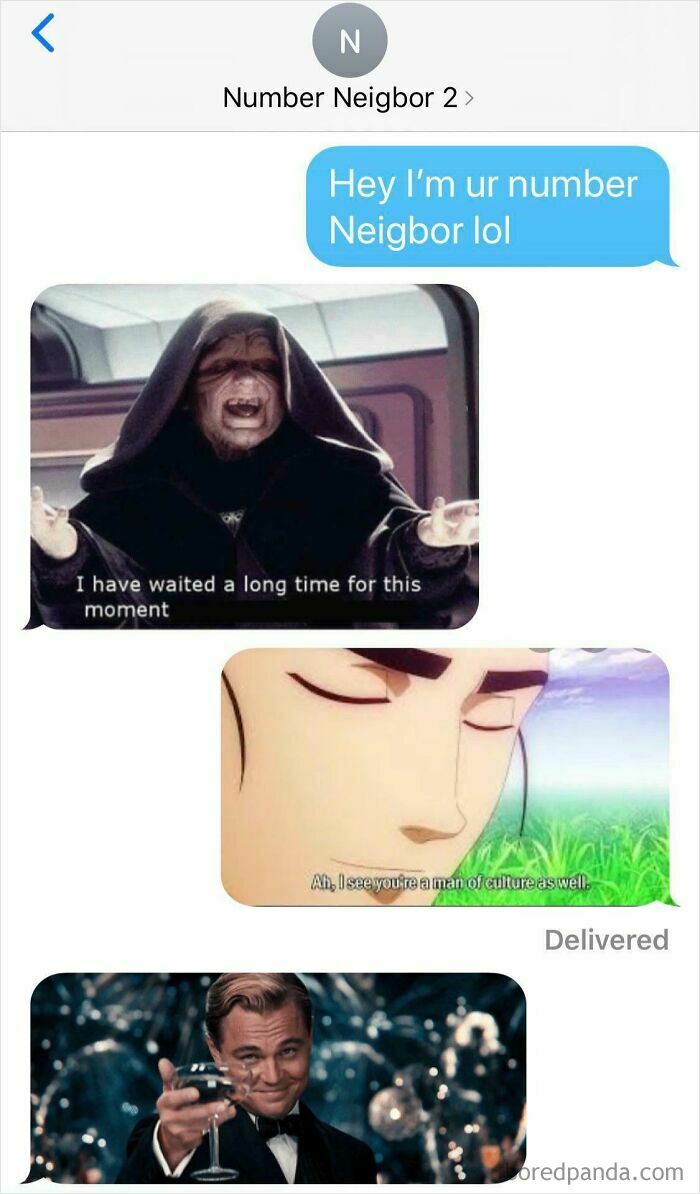 Funny text message exchange with memes including Star Wars and The Great Gatsby in a popular text message moments thread.