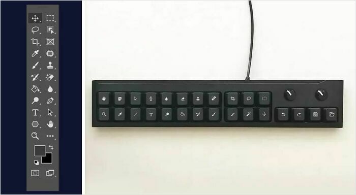 Black keyboard with specialized shortcut keys and knobs designed as an interesting tool to solve annoying little problems.