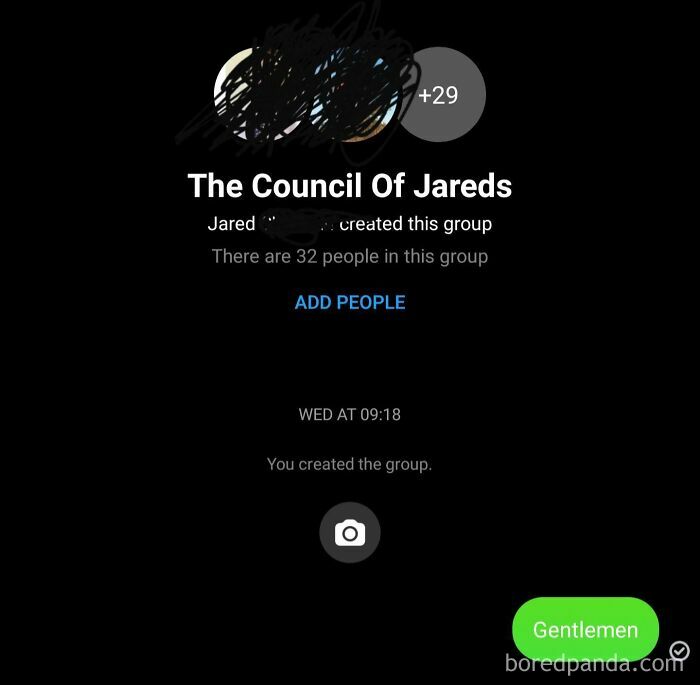 Group chat screen titled The Council of Jareds with 32 people and a funny text message saying Gentlemen.