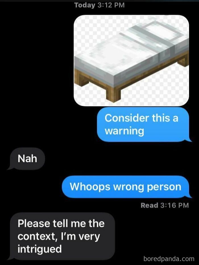 Text message screenshot showing a funny conversation with a bed image and a mix-up causing intrigue in text message moments.