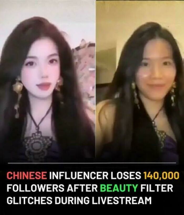 A split image showing a Chinese influencer on social media, with a beauty filter applied on the left and without the filter on the right, looking natural.