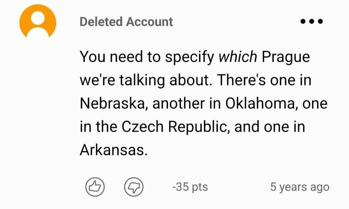 Online comment claiming there is a Prague in Nebraska and Oklahoma, illustrating Americans confidently posted things.