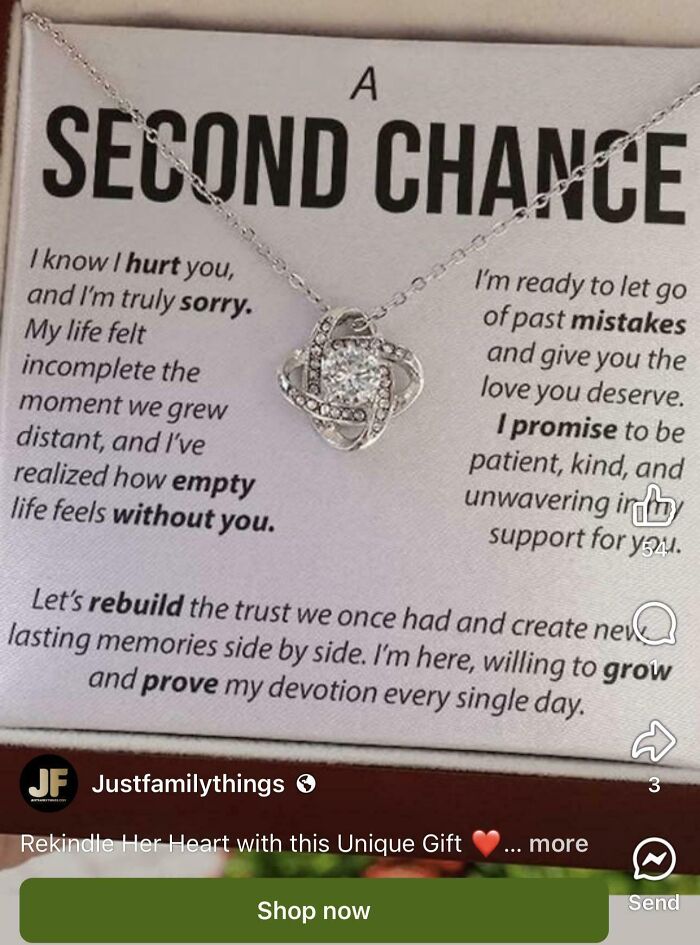 Necklace with a sentimental message about second chances, mistakes, and rebuilding trust, highlighting cringe moments.