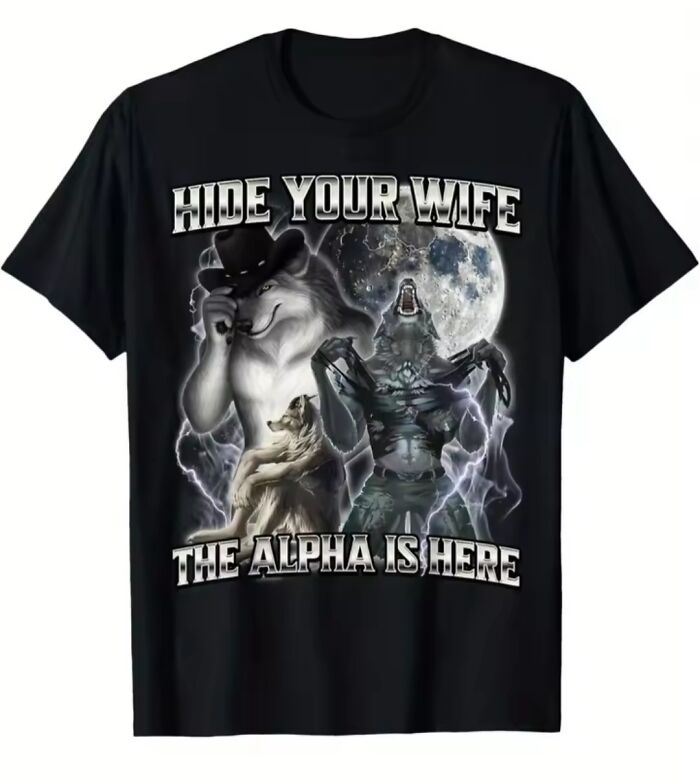 Black t-shirt with graphic wolves and text, illustrating cringe moments with bold edgy alpha wolf design.