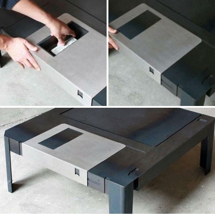 Table designed to look like a giant floppy disk, a unique and ridiculous piece of furniture found online.