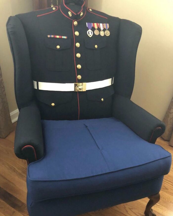 Armchair designed to look like a military uniform, one of the ridiculous pieces of furniture shared online.