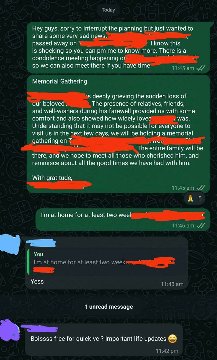 Friend Announces Engagement On Group Chat On The Same Day That I Inform Them Of A Close Family Member Passing Away
