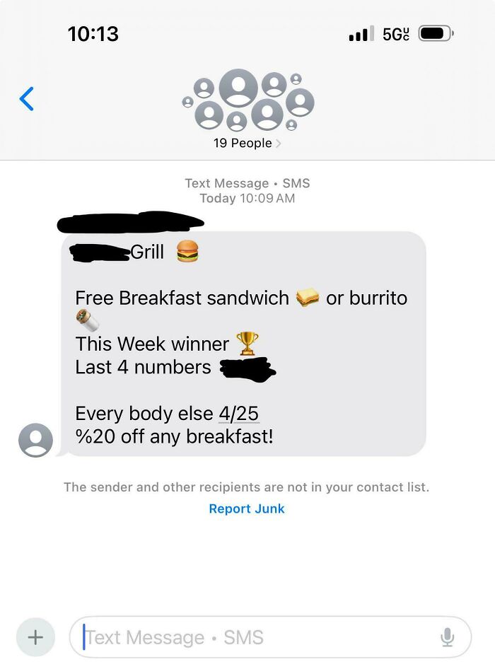 I Made The Mistake Of Giving A Local Cafe My Phone Number For Potential Free Breakfast Meal. They Sent A Group Chat To All Customers That Signed Up…