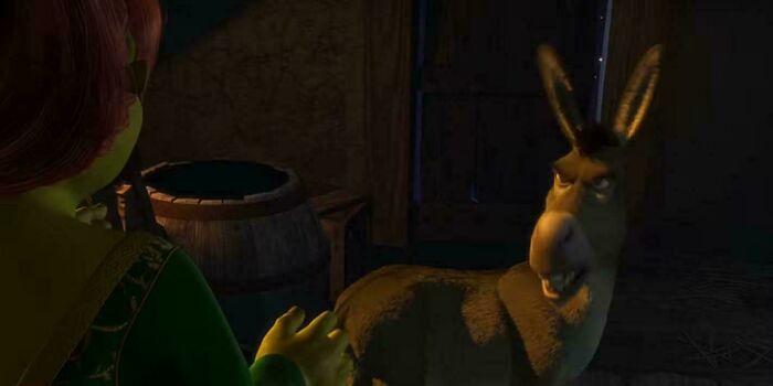 Donkey from Shrek looking angry at Princess Fiona, a hilarious nonsensical movie detail.