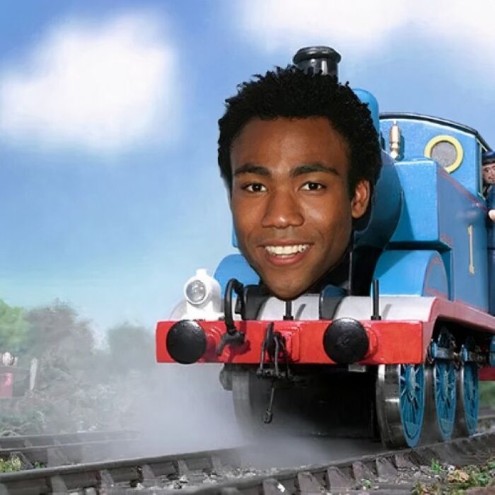 A surreal image showing a person’s head superimposed on a cartoon train engine, illustrating weirdest subreddits concept.