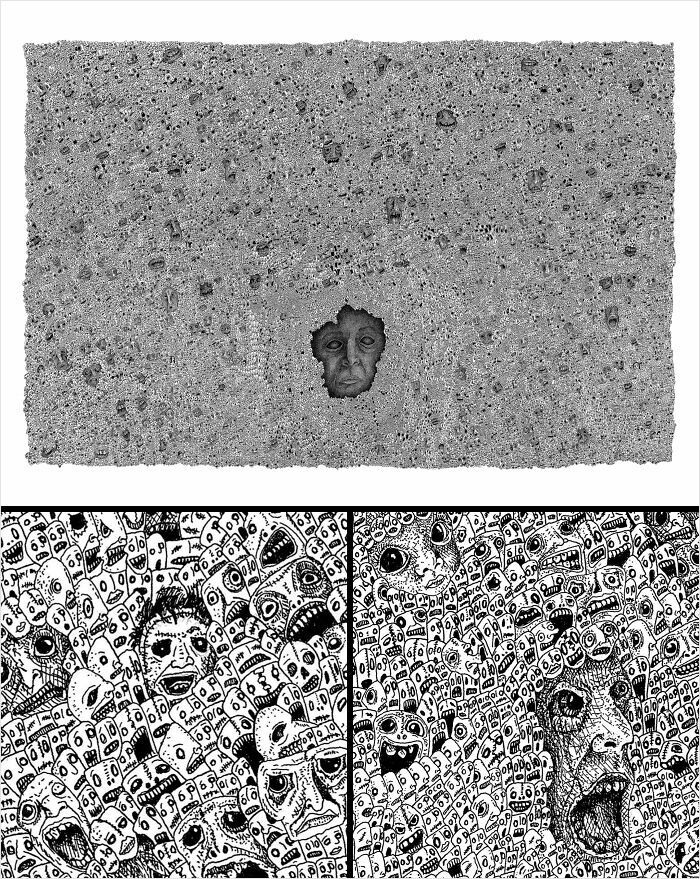 Intricate black and white surreal art featuring countless faces and an eerie solitary human face, showcasing incredible detail.