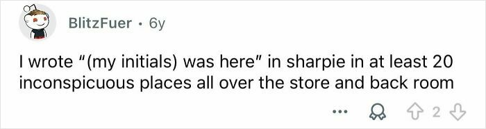 Screenshot of a revenge comment about marking 20 inconspicuous places with initials as a petty way to get back at a boss.