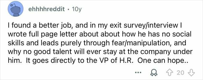 Screenshot of a Reddit post describing a detailed exit interview letter as a petty revenge on a manipulative boss.
