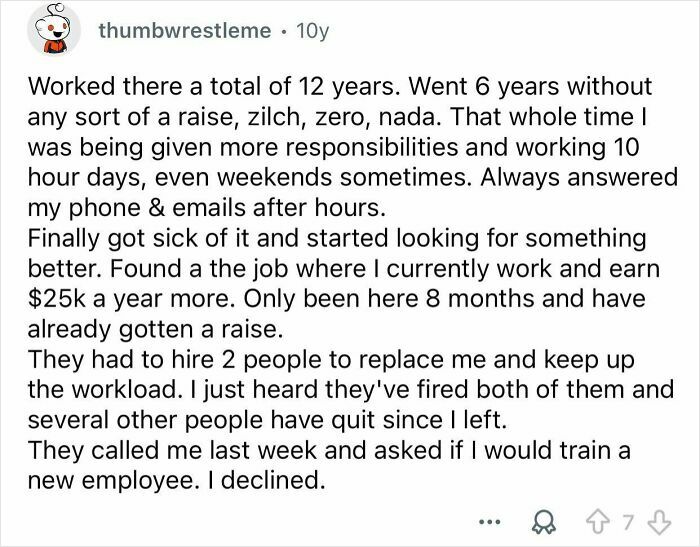 Text post sharing a story of revenge on a boss after working years without a raise, highlighting workplace frustration and retaliation.
