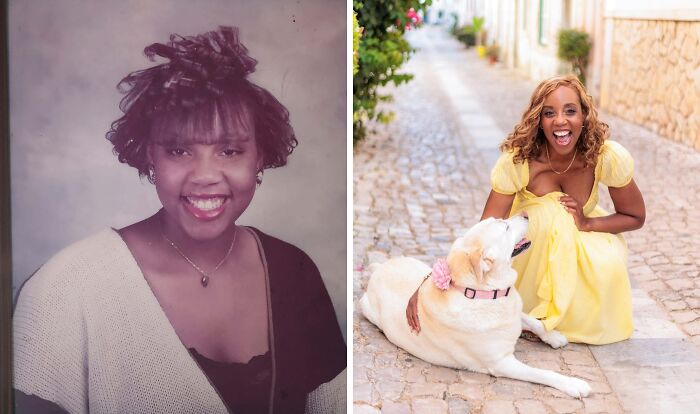 Side-by-side nostalgic photos of a smiling Gen X woman with retro hairstyle and a joyful woman with a dog in a sunny alley.
