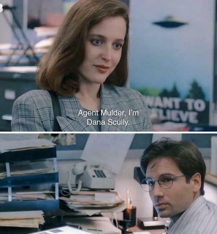 Scene from a ’90s TV show with Dana Scully introducing herself to Agent Mulder in an office setting.