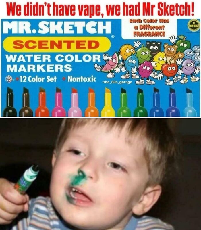 Funny ’90s childhood meme showing Mr Sketch scented markers and a child with green marker on face.