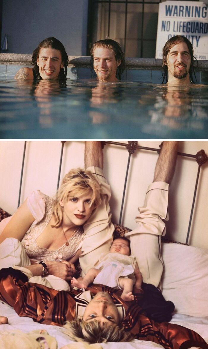 Three men smiling in a pool and a young woman with a man holding a baby in a ’90s nostalgic photo collage.