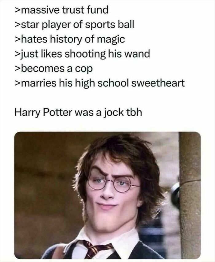 Meme humorously describes Harry Potter as a jock with absurd made-up movie and TV details, creating a weirdly accurate parody.