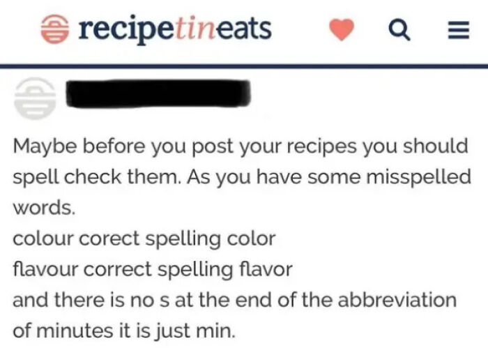 A comment where an American confidently tries to correct British spelling variations on a recipe site.